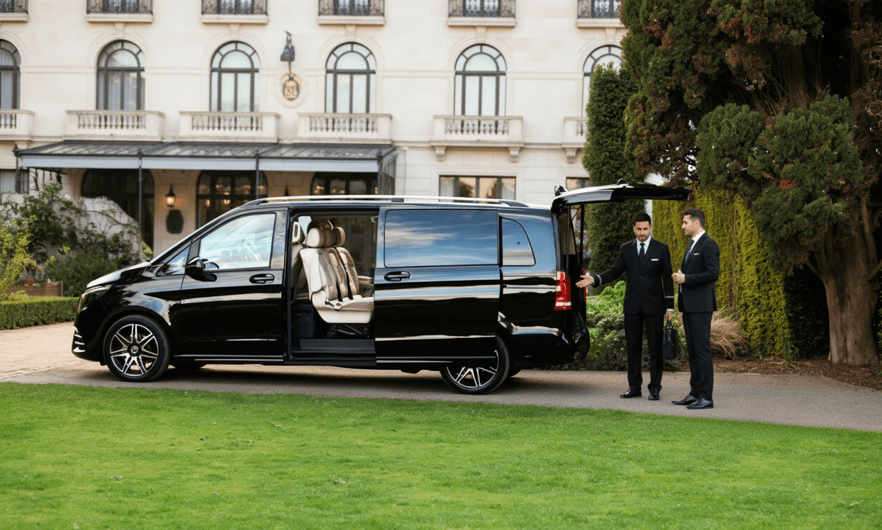 Businessman reading newspaper in back of luxury chauffeur car